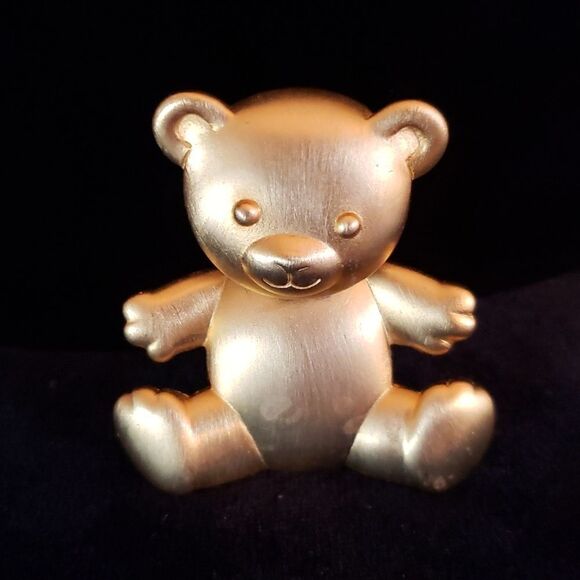 Vintage Signed Janette Jewelry Goldtone Teddy Bear Pin Brooch with Moving Head - Picture 2 of 9